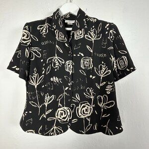 Pendleton Womens Black White Floral Print Short Sleeve Button-Up Blouse Size 14